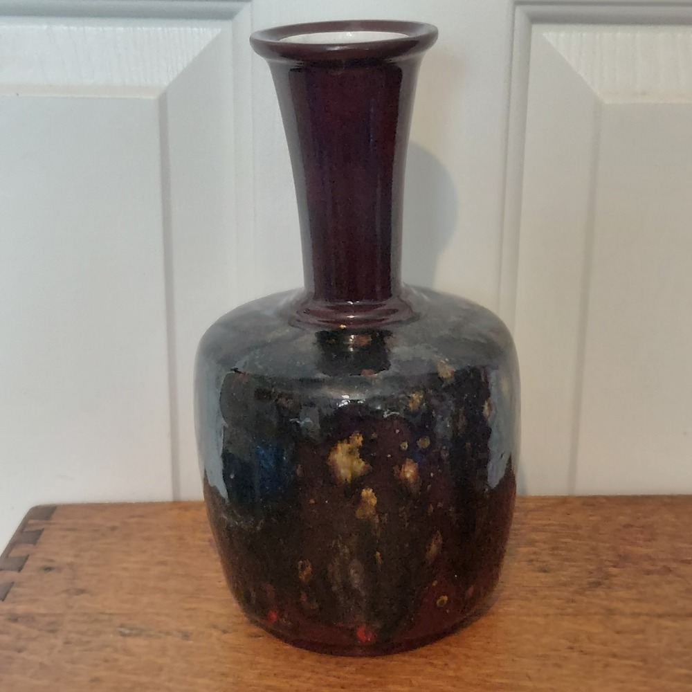 Vintage Studio Art Pottery Vase Burgundy Black Gold Glaze Signed ST 9.5 Inch